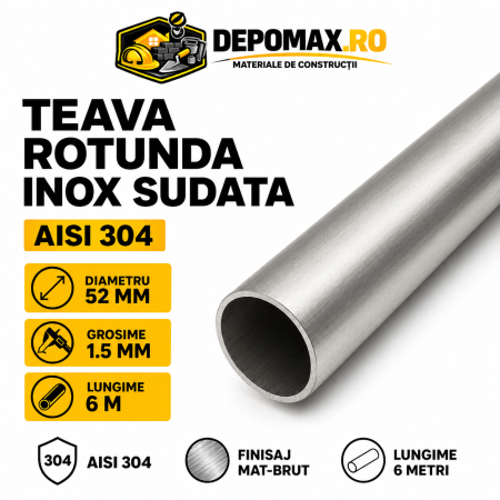 Teava rotunda inox sudata AISI 304, 52 x 1.5 mm, 6 metri